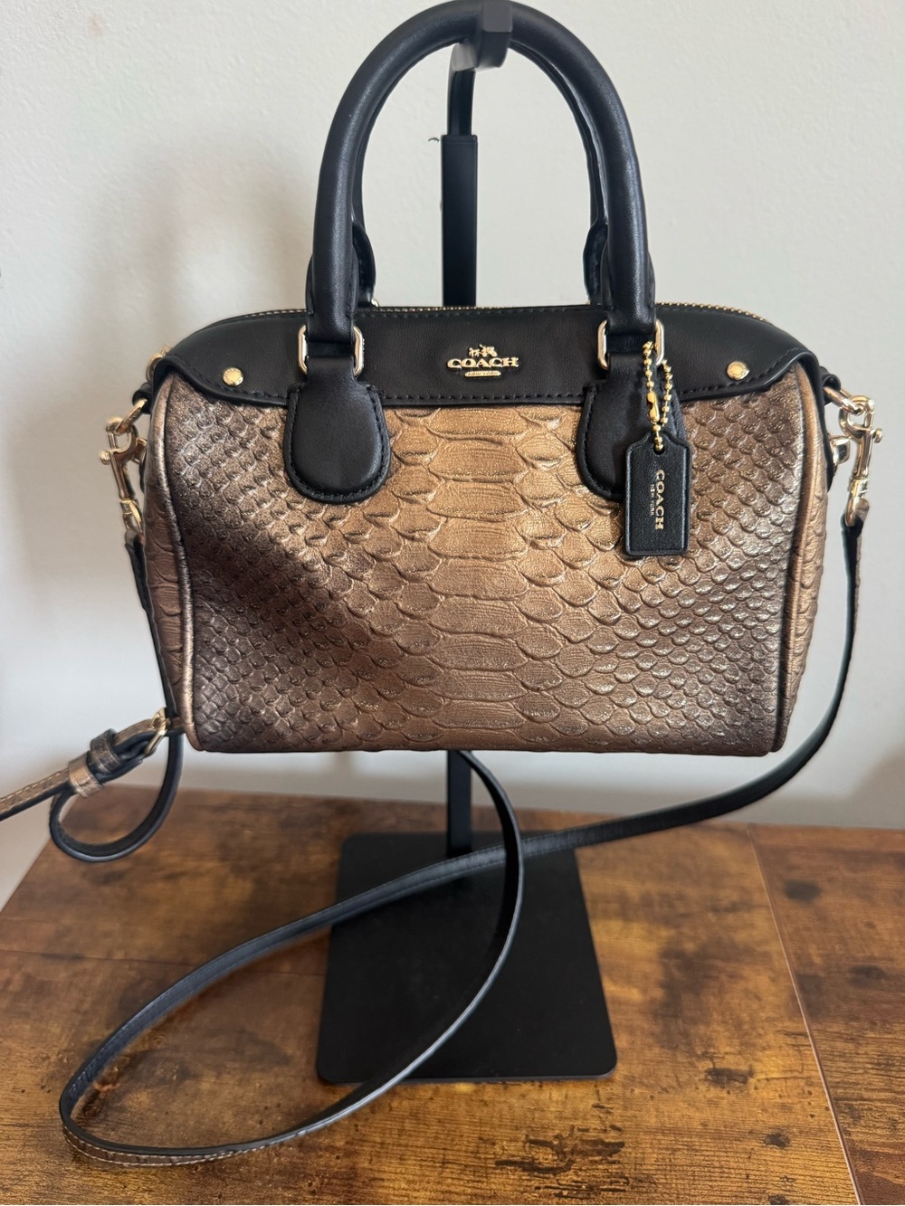 COACH Metallic Bronze Snake-Embossed Mini Satchel